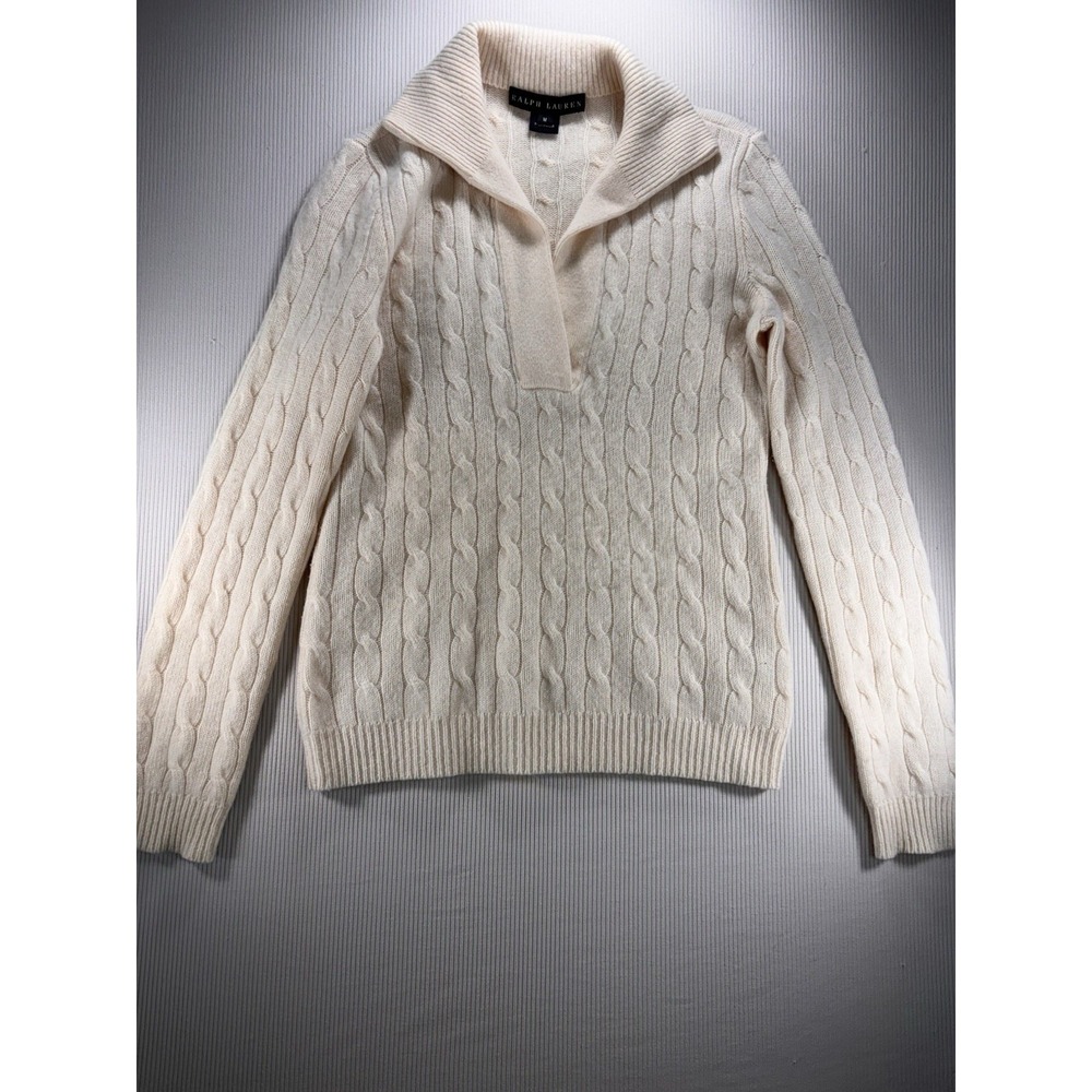 Ralph Lauren Sweater Wmn's M Black Label Cable Knit Ivory VNeck Cashmere/Silk